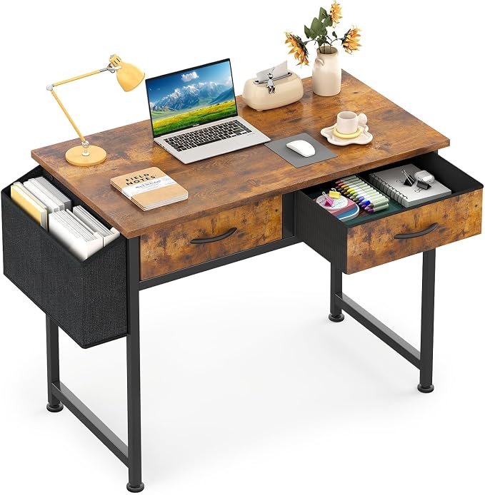 CAIYUN Computer Office Desk for Small Space with Fabric Drawers, Home Office Desk for Bedroom with Side Pocket and Hook, 31 Inch Brown Kid’s Desk, Writing Desk, Study Table and Work Desk by CAIYUN