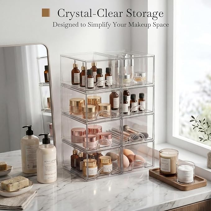 8 Pack Small Clear Stackable Acrylic Storage Boxes for Art Tool & Sketch, Storage Drawers, Storage Organizer, Clear Plastic Makeup Organizer, Ideal for Vanity, Cabinet, Desk Organization - Image 4
