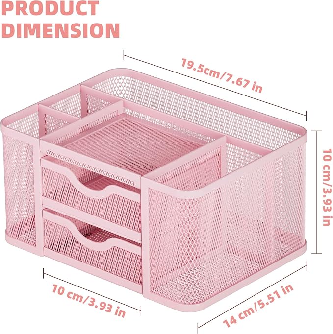 Marbrasse Mesh Desk Organizer, Pen Organizer with 2 Drawer, Multi-Functional Pencil Holder, Desk Organizers and Accessories with 5 Compartments + Drawer for Office Art Supplies (Pink) - Image 4