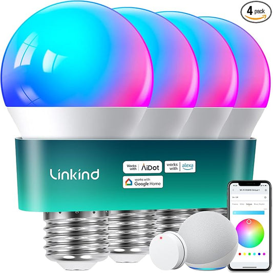 Linkind Smart Light Bulbs with Remote Control, Smart Bulb that Work with Alexa & Google Home, 16 Million Color Changing Light Bulbs 60W, A19 E26 2.4Ghz WiFi Light Dimmable,1800K-6500K,800lm 4 Pack by Linkind