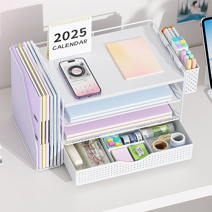 gianotter Wood Desk Organizers and Accessories with File Holder, 4-Tier Desk Accessories & Workspace Organizers with Drawer and Pen Holder, Desk Reference Organizer (White, 4T with Drawer) - Image 6
