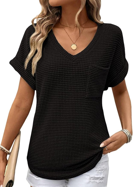 Dokotoo Womens Waffle Knit Tops 2026 Spring Summer V Neck Shirts Casual Trendy Women's Blouses Basic Tee by Dokotoo