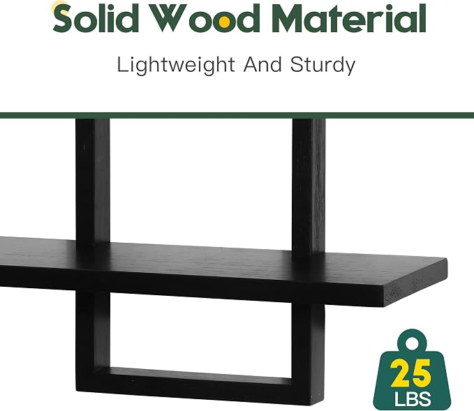 PHOENANCEE Floating Shelves for Wall,Display Hanging Shelf Set of 2,Modern Decorative Plants Shelves,Wood Home Decor Storage Chic for Living Room Bedroom Bathroom Office,Oak Frame,2-Tier Black - Image 7