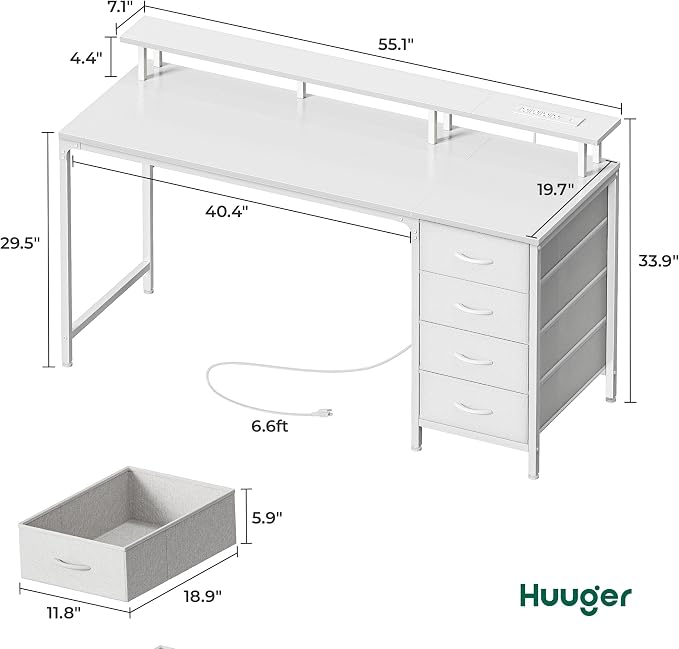 Huuger 55 Inch Computer Desk with Power Outlets and LED Lights, Gaming Desk with 4 Drawers, Office Desk with Monitor Stand, Study Work Home Office, White - Image 2