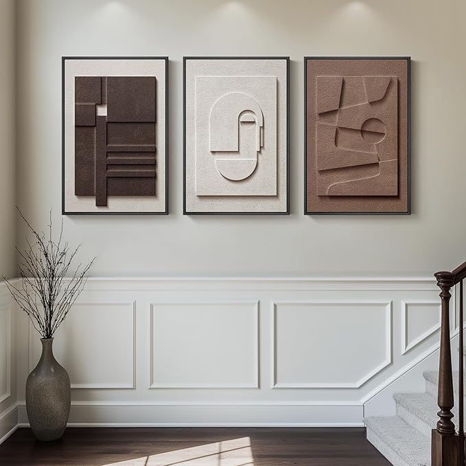 Large 3D Textured Framed Neutral Abstract Wall Art, 3 Piece Modern Artwork for Walls, Minimalist White Brown Geometric Wall Paintings for Living Room, Dining Room, Lounge, Bedroom Wall Decor 20x30 In - Image 4