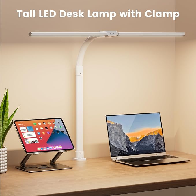LED Desk Lamp - Bright Dimmable Computer Lamp, 24W Bendable Desk Light for Monitor Screen, Eye-Caring Tall Desktop Light for Task Home Office Work, White, Dual Head - Image 2