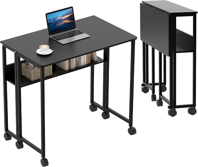 Folding Desk Small Rolling Desk with Storage Shelf,31.5 Inch Foldable Computer Table with Wheels,Portable Office Desk for Small Space Sofa Table,Easy to Fold,Writing Work Office Computer Desk,Black by GarveeHome