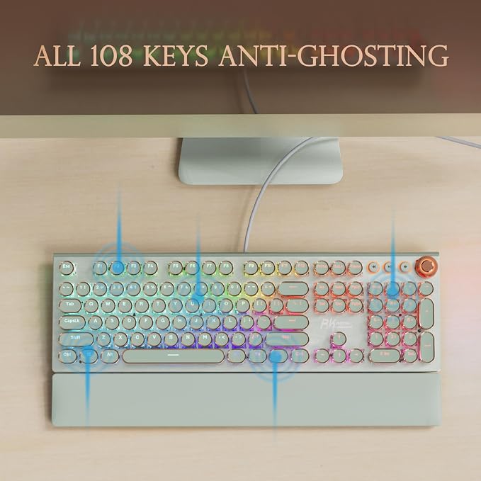 RK ROYAL KLUDGE X108 Typewriter Style Mechanical Keyboard, Wired Gaming Keyboard 108 Keys RGB Backlit Sidelight, Detachable Wrist Rest, Volume Knob, Retro Round Keycaps Blue Switches - Green - Image 7
