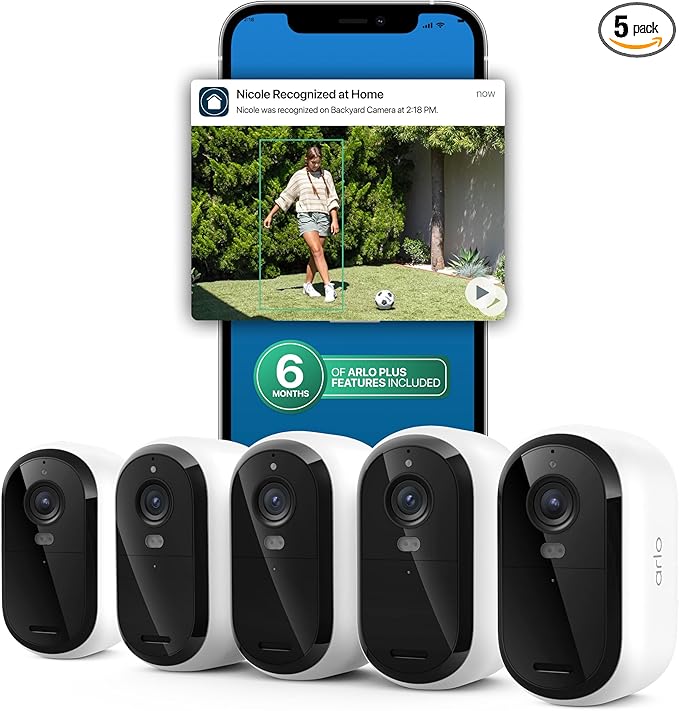 Arlo Essential Security Camera 2K (3rd Gen, 2025 Release) 5 Cam + 6 Months of Secure Plus Plan - Wireless Outdoor Camera, Battery Power, Person Recognition, Package Detection, Animated Preview, White by Unknown