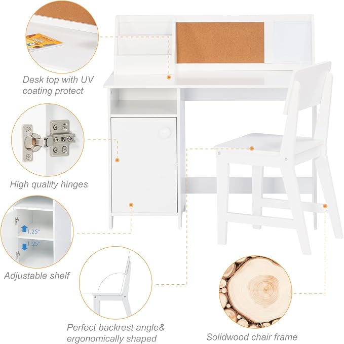 UTEX Wooden Kids Desk and Chair Set with Hutch and Storage for Ages 3-8 | Kids Study Table with Cork Bulletin Board, School Desk, Multi-Zone Storage, Water-based Paint Finish for Kids Room - Image 5