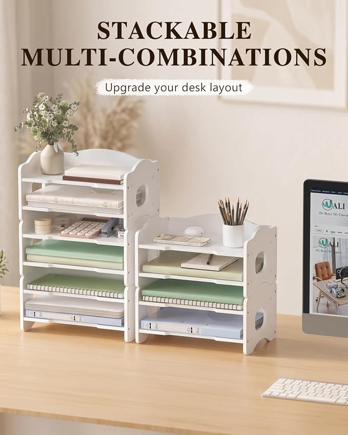 WALI Desk File Organizer, 2 Tier Stackable Desktop Paper Letter Tray Organizer with Handle, Office Desk Accessories & Workspace Organizers for Office, Home, School Supplies, 1 Pack, White - Image 7