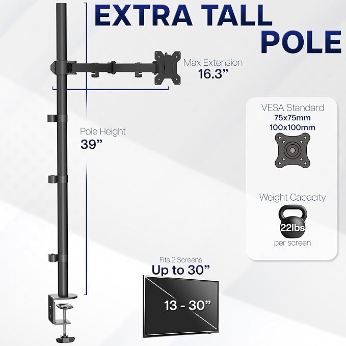 VIVO Extra Tall Single Monitor Desk Mount, 39 inch Pole VESA Stand for 13 to 32 inch Screens and up to 38 inch Ultrawides, Holds 22 lbs, Black, STAND-V011 - Image 4