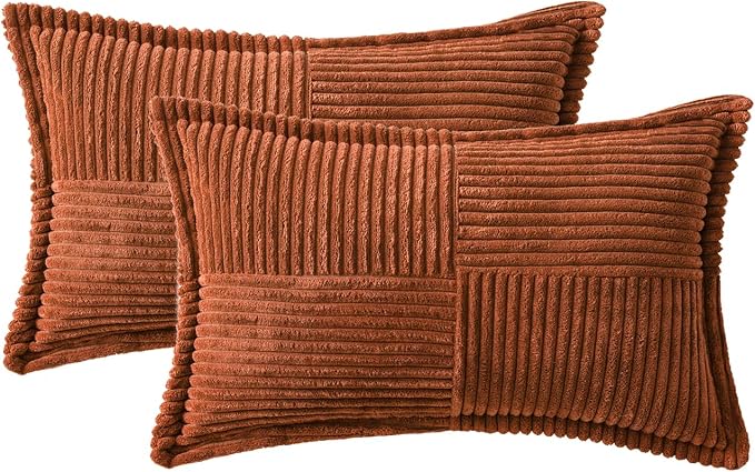 MIULEE Fall Dark Rust Decorative Lumbar Throw Pillow Covers for Couch Bed Livingroom 12x20 Inch Set of 2 Boho Accent Throw Pllows Broadside Striped Patchwork Soft Corduroy Pillowcases, Terracotta - Image 6