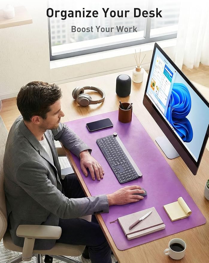 Aothia Faux Leather Desk Mat - Non-Slip PU Leather Desk Blotter, Waterproof Writing Surface, Large Desk Pad for Office & Home (Iris Violet, 55" x 24") - Image 3