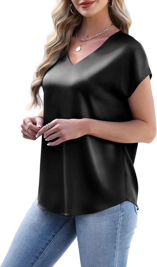WIHOLL Womens Satin Summer Tops Cap Short Sleeve Blouses V Neck Shirts Business Casual Outfits Fashion Clothing 2026 - Image 3