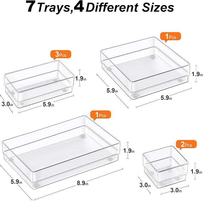 SMARTAKE 7 PCS Drawer Organizer, 4-Size Desk Drawer Organizer Trays | Storage Tray with Non-Slip Silicone Pads for Makeup, Jewelries, Utensils in Bedroom Dresser, Office and Kitchen (Clear) - Image 2