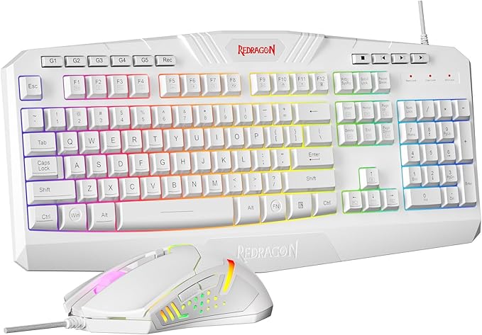 Redragon Updated Programmable Gaming Keyboard and Mouse, RGB Backlit Keyboard Mouse with Software, Independent Macro Record Keys, Value Combo Set, White - S101-3 PRO by REDRAGON