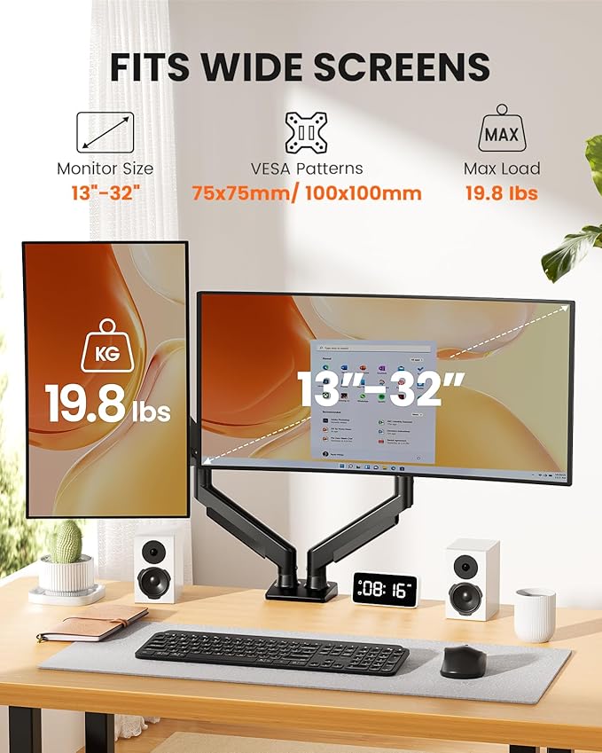 ErGear Dual Monitor Arm, Full Adjustable Monitor Mount for 13–32″ Screens, Fast Install Computer Monitor Stand with Tool-Free VESA Mount, Max Load 19.8 lbs, Max VESA 100x100mm - Image 2