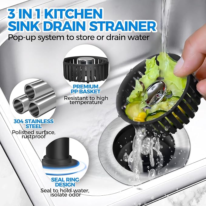 zaa 3 in 1 Kitchen Sink Drain Strainer Stopper Removable Basket Pop-Up | Kitchen Sink Accessories 1 Pack Black Stainless - Food Catcher, Odor-Blocking Seal, Fits 3.5" Drain, Easy Clean - Image 2