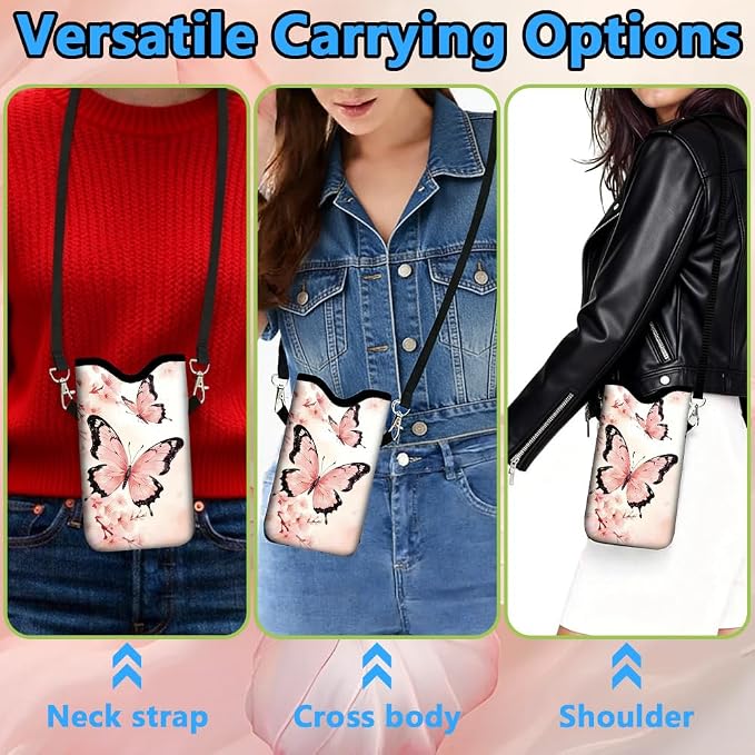 Pink Phone Sleeve with Adjustable Strap Neck Lanyard Fits Most Smartphones, Waterproof Phone Pouch Butterflies Flower Pattern Neoprene Nylon Phone Bag Carrying Case for Women 7.1 x 3.9 Inch - Image 5