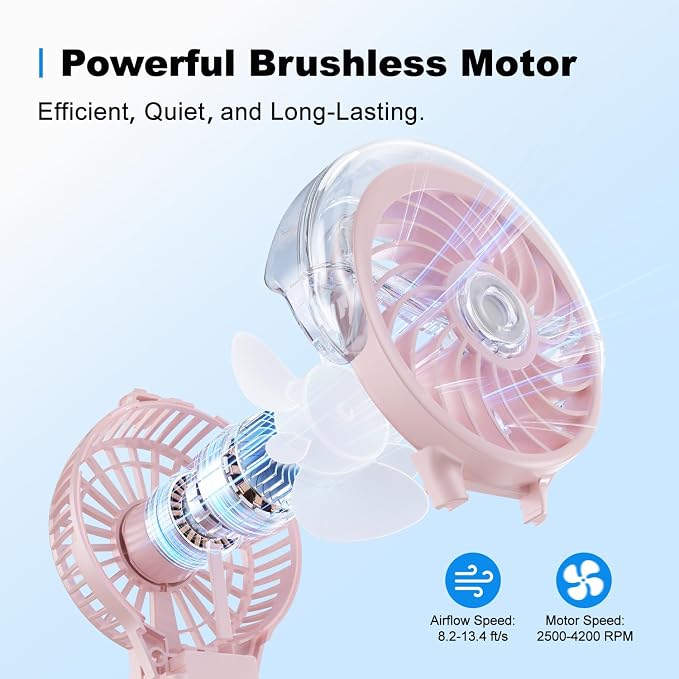 KIBEE Portable Misting Fan, 4000mAh Rechargeable Handheld Fan with 50ml Water Tank, Foldable 180° Mini Fan with Mist Spray, 3-Speed Personal Cooling Fan for Travel, Makeup, Concerts, Outdoor Use, Pink - Image 3