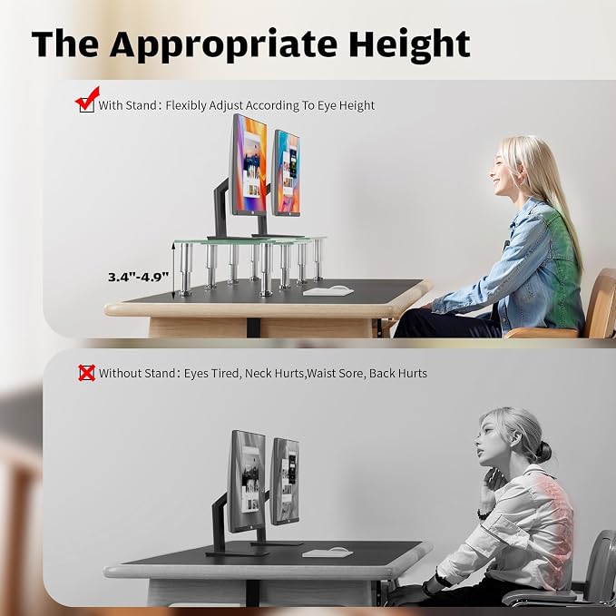 Hemudu Dual Monitor Stand -Adjustable Length and Angle Dual Monitor Riser, Desktop Organizer for PC, Computer, Laptop (Clear) - Image 3