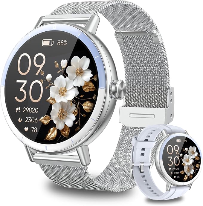 KEEPONFIT Smart Watches for Women Android/iPhone, IP68 Waterproof Fitness Tracker with Bluetooth Calls(Answer&Make), Activity Pedometer/Heart Rate/SpO2 Monitor/100+ Sports Model (Silver Blue) by KEEPONFIT
