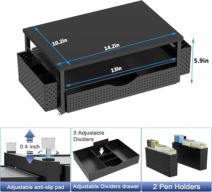 Spacrea Desk Organizer and Accessories, Computer Monitor Stand Riser with Drawer and 2 Pen Holders, Office Desk Accessories & Workspace Organizers for Office Supplies (Black) - Image 5