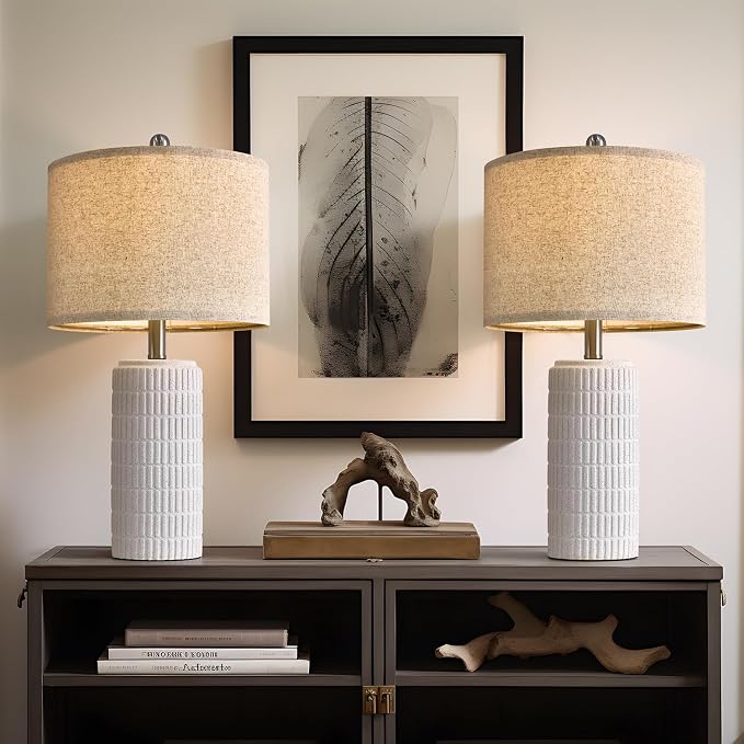 PoKat 23" Table Lamp, Farmhouse Bedside Lamps for Bedroom Set of 2, Ceramic End Table Lamps for Living Room, Traditional Nightstand Desk Lamps, Frosted White Lamps, Medium - Image 7