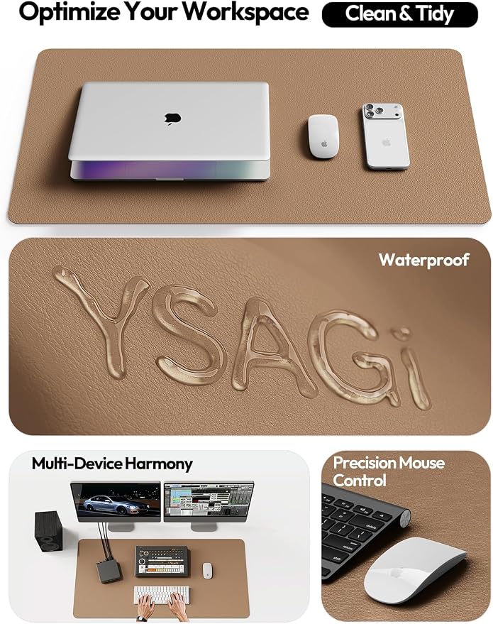YSAGi Leather Desk Protector, Office Mat, Large Mouse Pad, Non-Slip PU Leather Blotter, Laptop Desk, Waterproof Writing Pad for Office and Home (Khaki, 35.4" x 17") - Image 8