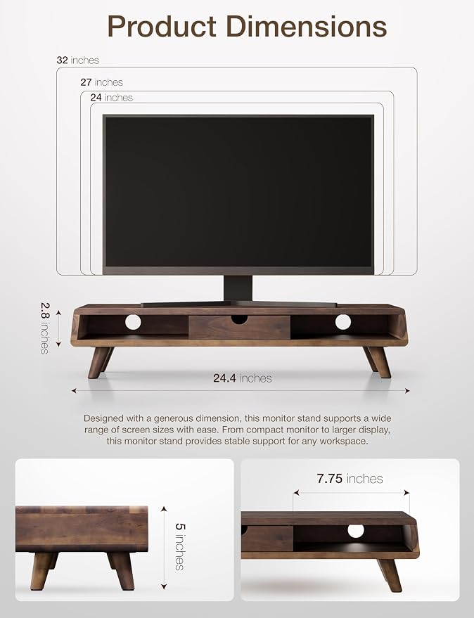 TINAMO Acacia Wood Monitor Stand with Drawer - Wooden Monitor Riser for Desk - Computer Monitor Stand for Desk - Multi-Purpose Desktop Storage Stand for Computer; Laptop; Printer; TV - 24.4 " x 8" x 5" (Walnut color) (Patented) - Image 2