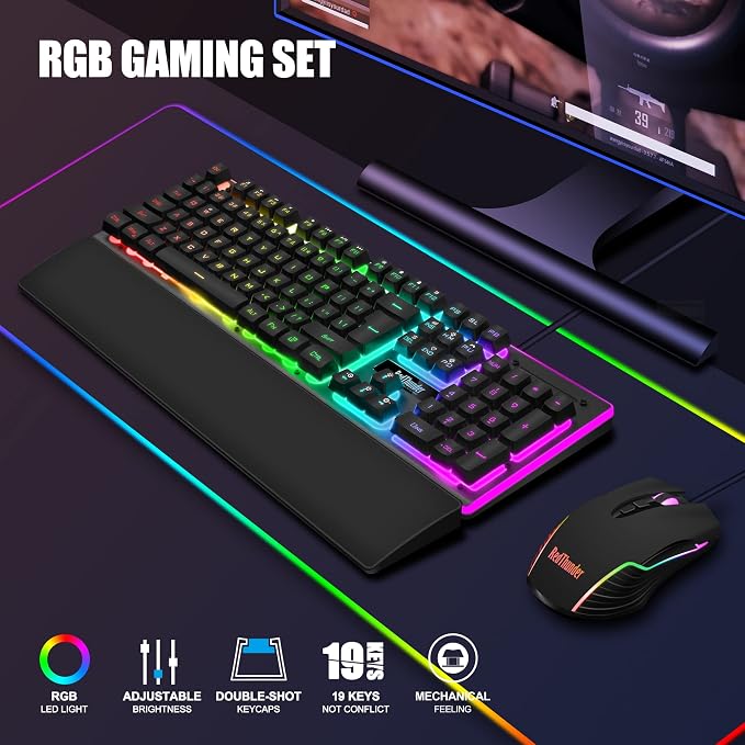RedThunder K10 Wired Gaming Keyboard and Mouse and Wrist Rest Combo, RGB Backlit, Mechanical Feel Anti-ghosting Keyboard + 7D 7200 DPI Mice+Soft Leather Wrist Rest 3 in 1 PC Gamer Accessories(Black) - Image 2