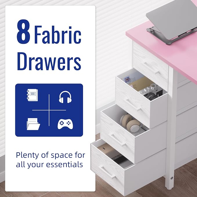 Pamray 47 Inch Computer Desk with 8 Fabric Drawers for Home Office Work | Ample Storage, Space-Saving, Suitable for Home Office Bedrooms Dorm Living Rooms for Study, Writing, Work - Image 5