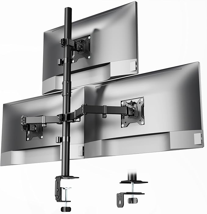 monTEK Triple Monitor Stand for 17-32" Screens, 22 lbs Each | Three-screen desk mount, height adjustment, tilt, swivel, rotation, clamp/grommet bases and VESA 75/100 by monTEK