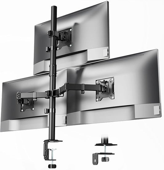 monTEK Triple Monitor Stand for 17-32" Screens, 22 lbs Each | Three-screen desk mount, height adjustment, tilt, swivel, rotation, clamp/grommet bases and VESA 75/100 by monTEK