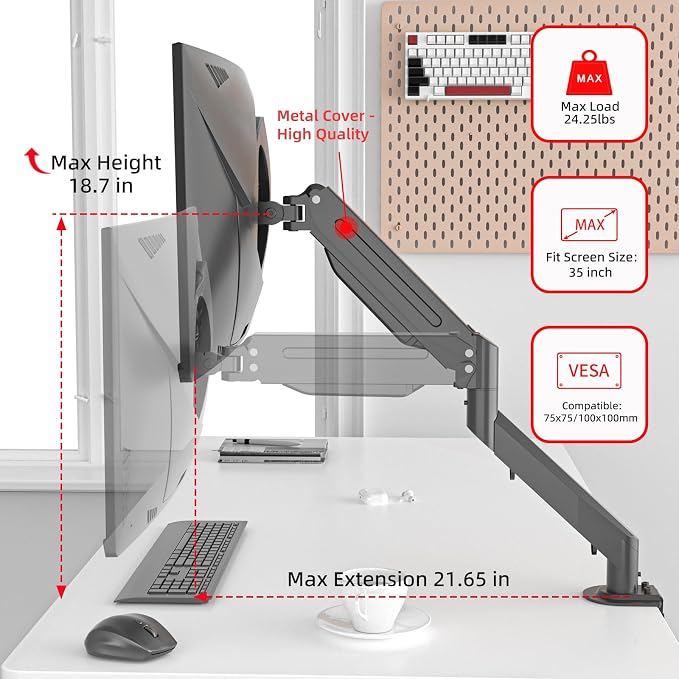 Suptek Monitor Mount Gas Spring Monitor Arm Desk Mount Fully Adjustable Fits 17 20 22 23 24 26 27 32 35 inch Monitors Weight Capacity up to 24.25 lbs - Image 3