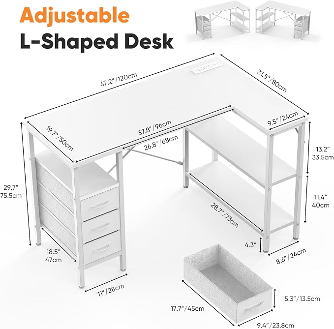DUMOS L Shaped Desk with Power Outlet, Study Table | 47 Inch Corner Computer Gaming Unit, Adjustable Shelves, Home Office Bedroom, Modern White - Image 3