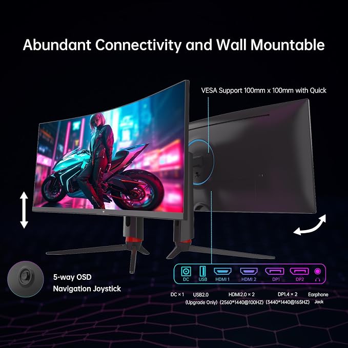 KTC 34 Inch Curved Ultrawide Gaming Monitor, 21:9, 3440x1440p 180Hz 1ms, 1500R Curved Monitor, Freesync G-sync, Picture by Picture,PIP, Height/Tilt/Swivel/Pivot, H34S18S - Image 6