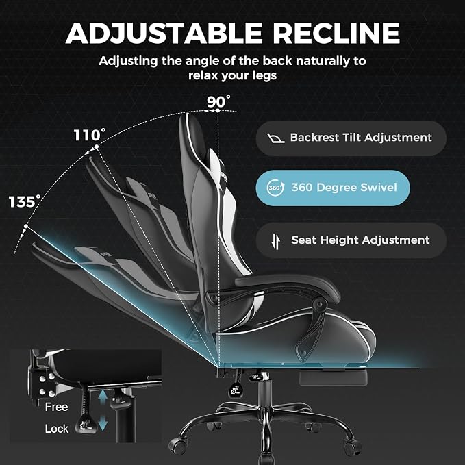 GTPLAYER Gaming Chair, Computer Chair with Footrest and Lumbar Support, Height Adjustable Game Chair with 360°-Swivel Seat and Headrest and for Office or Gaming (White) - Image 5