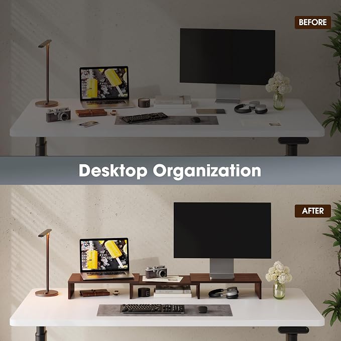 FITUEYES Dual Monitor Stand Riser, Adjustable Length and Angle, Brown | Wooden 3-Shelf Design, Supports up to 55lbs, Flexible for Standard Corner Space, Holds Monitor, Laptop, Phone, Printer - Image 4