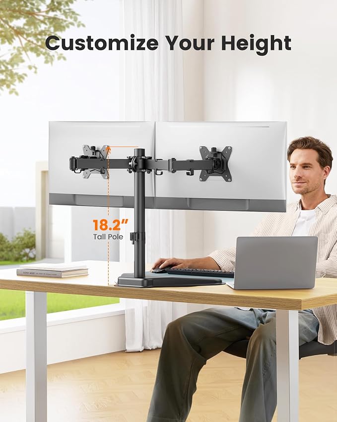ErGear Freestanding Dual Monitor Stand for 2 Screens up to 32 inch, Heavy Duty Monitor Mount Holds Max 17.6 lbs per Arm, Height Adjustable Gaming Monitor Stand for Desk, VESA 75x75/ 100x100mm, Black - Image 6