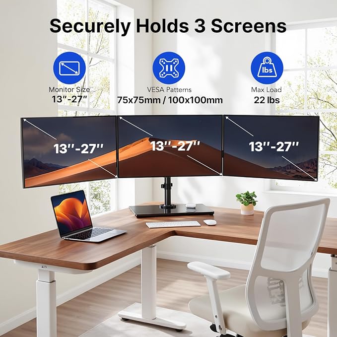 HUANUO Free Standing Triple Monitor Mount for 13-27 Inch Screens | Larger Tempered-Glass Base, Heavy Duty Thicker Steel, Tilt, Swivel, Rotation, Holds up to 22 lbs, VESA 75x75/ 100x100mm - Image 2