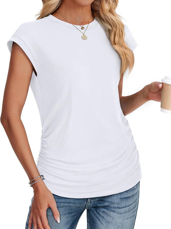 Sampeel Womens Summer Tops Trendy 2026 Ruched Cap Short Sleeve Tshirts Shirts Crew Neck T Shirts Fashion - Image 3
