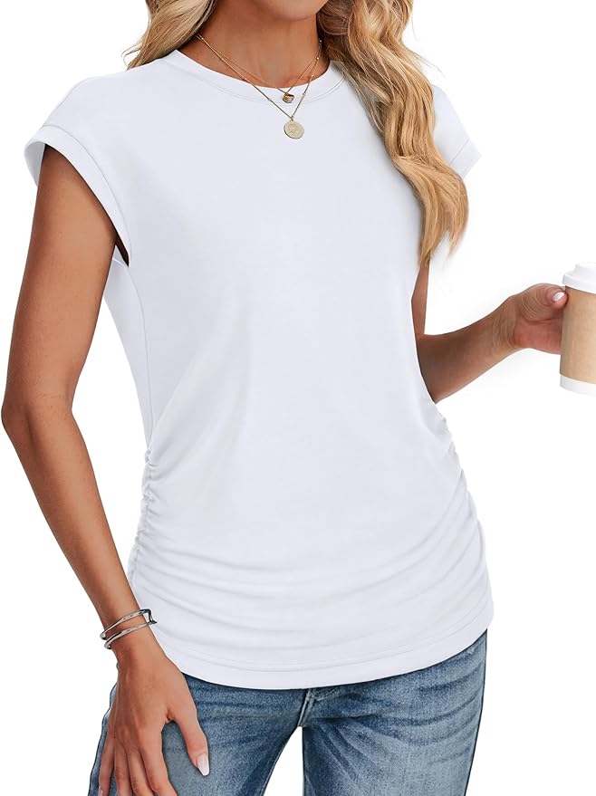 Sampeel Womens Summer Tops Trendy 2026 Ruched Cap Short Sleeve Tshirts Shirts Crew Neck T Shirts Fashion - Image 3