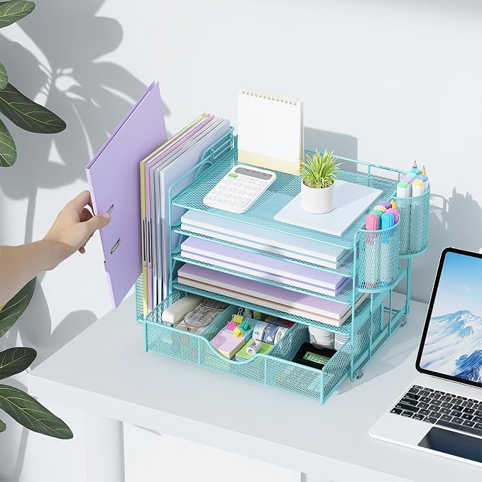gianotter 5-Tier Desk Organizer with Drawers and File Holders | Letter Trays and Pen Holders - Workspace Accessories for Office Supplies (Blue) - Image 3