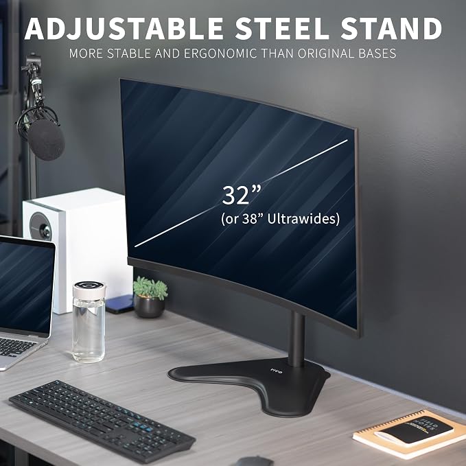 VIVO Single Monitor Desk Stand, Holds Screens up to 32 inch Regular and 38 inch Ultrawide, Freestanding VESA Steel Mount Base, Adjustable Height, Tilt, Swivel, Rotation, Black, STAND-V001H - Image 2