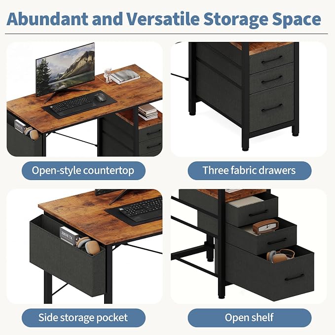 DUMOS 39 Inch Small Computer Desk with Storage, Fabric Drawers | Writing Table, Side Pocket, Space Saving Workstation, Home Office, Gaming Setup, Dorm Apartment, Rustic Brown - Image 7