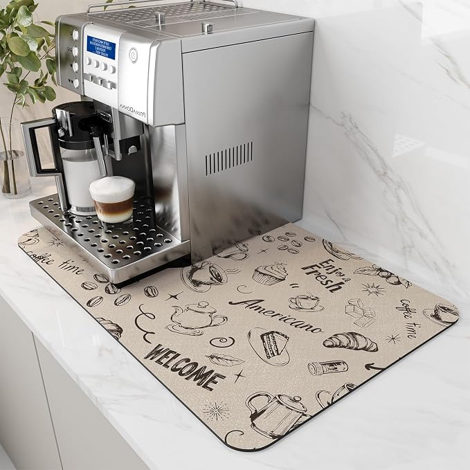AMOAMI-Coffee Mat Hide Stain Rubber Backed Absorbent Dish Drying Mat for Kitchen Counter-Coffee Bar Accessories Fit Under Coffee Maker, Espresso Machine, Pot, Dish Rack (16X24,MILK TEA) by AMOAMI