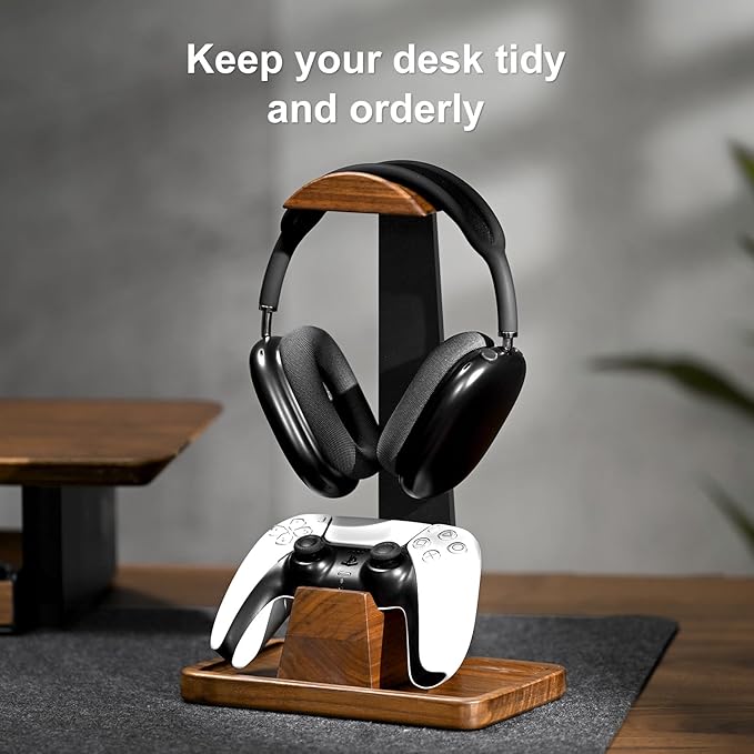 UPERGO Walnut Headphone Stand with Controller Holder & Storage Base | Solid Wood Grain, Gear & Charger Storage, Gamer Gift for PS5 Xbox Controllers, Desk Accessories - Image 3