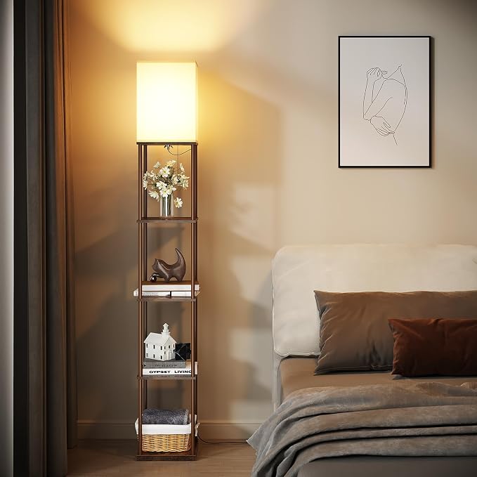 SUNMORY 5 Tier Floor Lamp with Shelves, Modern Square Standing Lamp with 3 Color Temperature Bulb, Corner Display Bookshelf Lamp for Living Room and Bedroom, Tall Shelf Floor Lamp Brown - Image 6